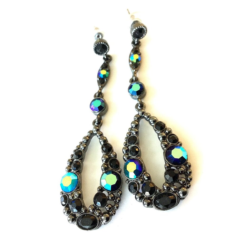 Vintage Dangle Earrings, Black Blue Green Rhinestones, Dark Statement Sparkle